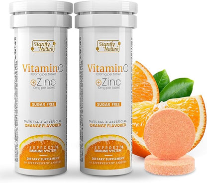 SIGNIFY NATURE Vitamin C 1000mg Effervescent Tablets - Potent Immune Support VIT C with Zinc Supplement - Sugar-Free & Vegan Formula | Dissolvable Vitamin C Tablets - Water Soluble Fizzy Elixir - 20CT