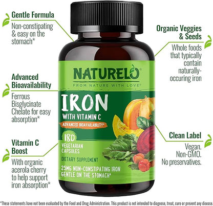 NATURELO Vegan Iron Supplement with Vitamin C and Organic Whole Foods - Gentle Iron Pills for Women & Men with Iron Deficiency Including Pregnancy, Anemia and Vegan Diets - 180 Mini Capsules