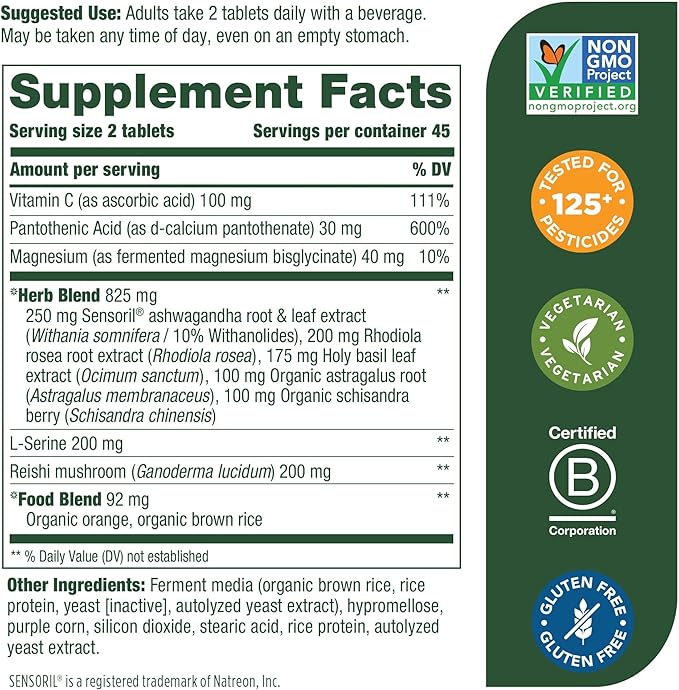 MegaFood Adrenal Strength - Sensoril Ashwagandha, Vitamin C, fermented Magnesium Glycinate, Rhodiola Rosea, Reishi Mushroom & Food Blend - Supports a Normal Stress Response - 90 Tabs (45 Servings)