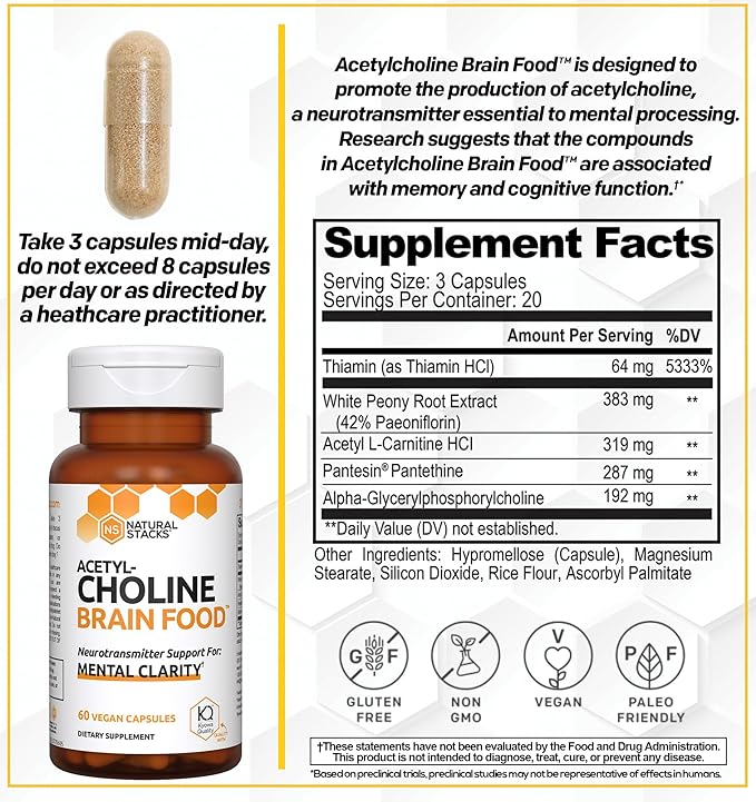 NATURAL STACKS Acetylcholine Brain Food with Alpha GPC Choline - Supports Mental Clarity - GPC Supplement & Focus Supplement for Faster Thinking & Clear Brain - 120 Acetylcholine Capsules