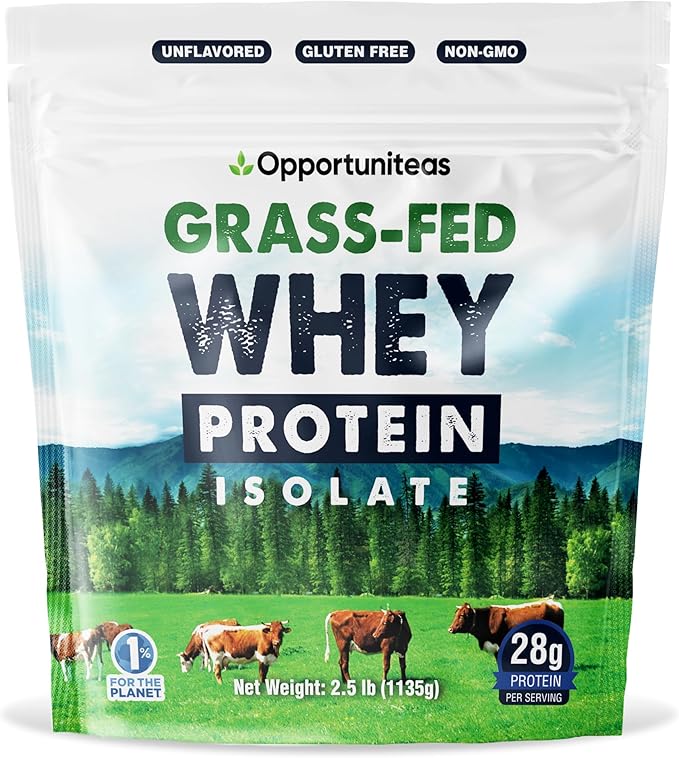 Opportuniteas Grass Fed Whey Isolate Protein Powder - Unflavored 28g Protein Powder Without Artificial Sweeteners, Hormone-Free Cows, Non GMO - 2.5lb