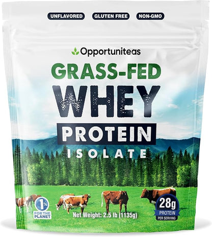 Opportuniteas Grass Fed Whey Isolate Protein Powder - Unflavored 28g Protein Powder Without Artificial Sweeteners, Hormone-Free Cows, Non GMO - 2.5lb