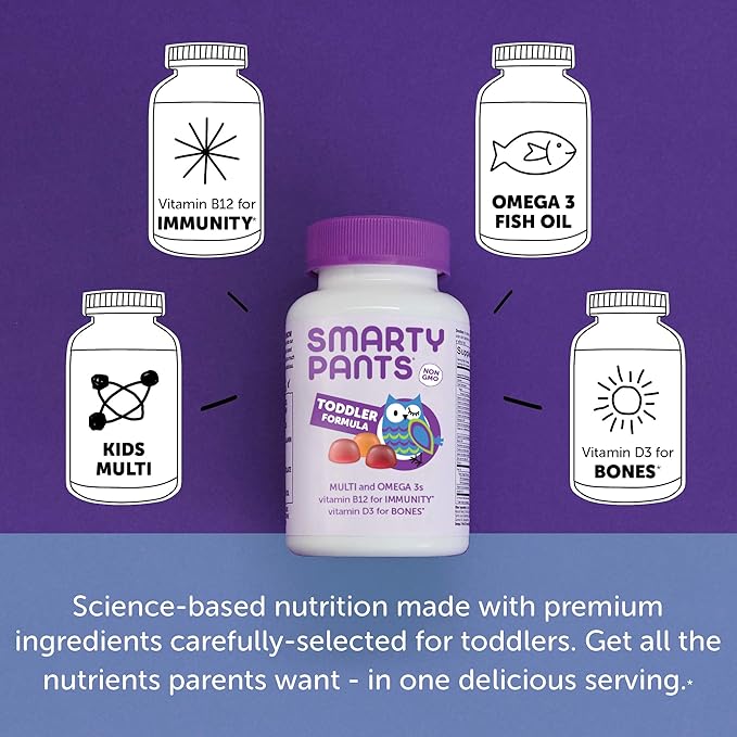SmartyPants Toddler Multivitamin Gummies: Omega 3 Fish Oil (EPA/DHA), Vitamin D3, C, Vitamin B12, B6, Vitamin A, K & Zinc, Beta Carotene, Gluten Free, Three Fruit Flavors, 180 Count (60 Day Supply)