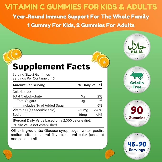 Vegan Vitamin C Gummies | 90 Gummies, 250mg 45 Servings | Non-GMO | Gluten-Free, Gelatin-Free | Immune Support Gummies & Seasonal Support for Kids & Adults Halal Vitamins