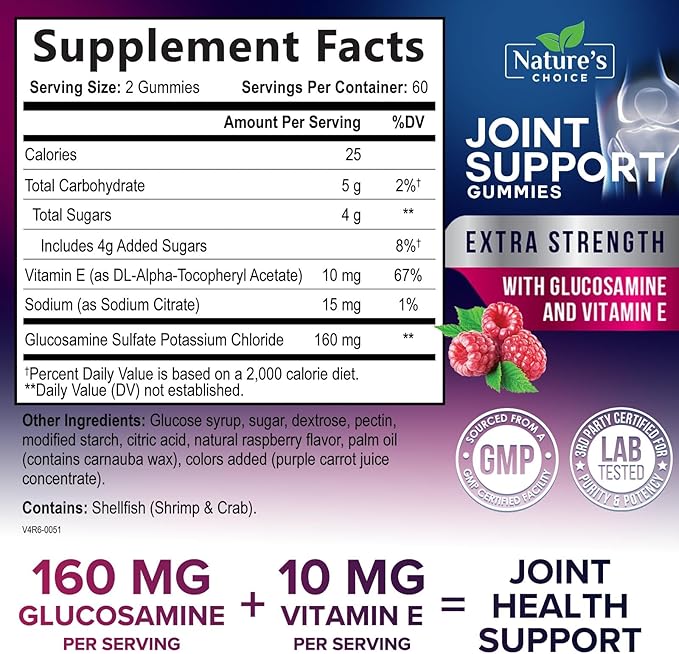 Joint Support Gummies Extra Strength Glucosamine Gummy Supplement with Vitamin E - Naturally Assists Cartilage & Joint Health & Flexibility Support - Best Support Chew for Men and Women - 120 Gummies