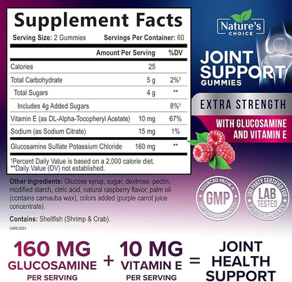 Joint Support Gummies Extra Strength Glucosamine Gummy Supplement with Vitamin E - Naturally Assists Cartilage & Joint Health & Flexibility Support - Best Support Chew for Men and Women - 120 Gummies