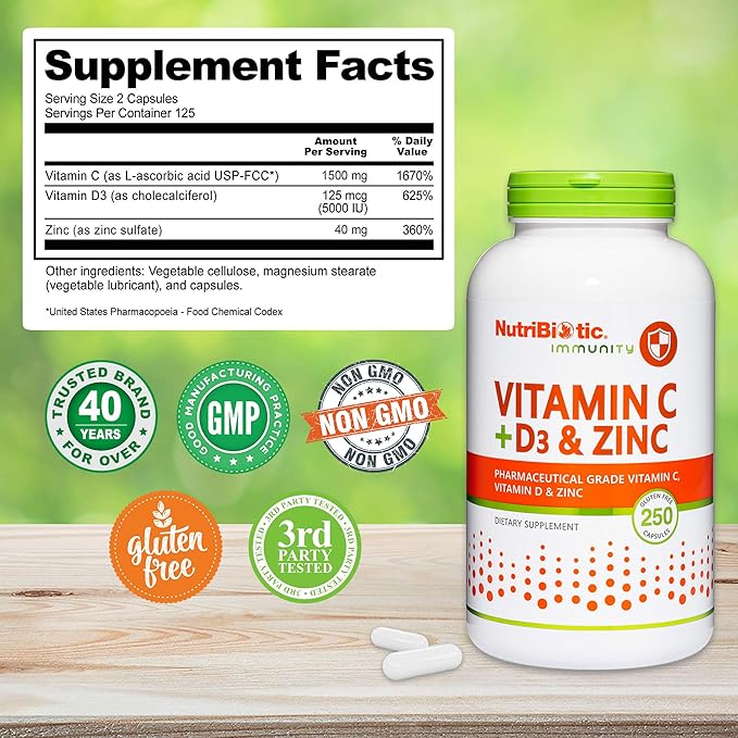 NutriBiotic – Vitamin C + Vitamin D3 & Zinc, 250 Capsules | Potent, Comprehensive Immune Support | Essential & Antioxidant Daily Supplement | Gluten & GMO Free