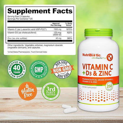 NutriBiotic – Vitamin C + Vitamin D3 & Zinc, 250 Capsules | Potent, Comprehensive Immune Support | Essential & Antioxidant Daily Supplement | Gluten & GMO Free