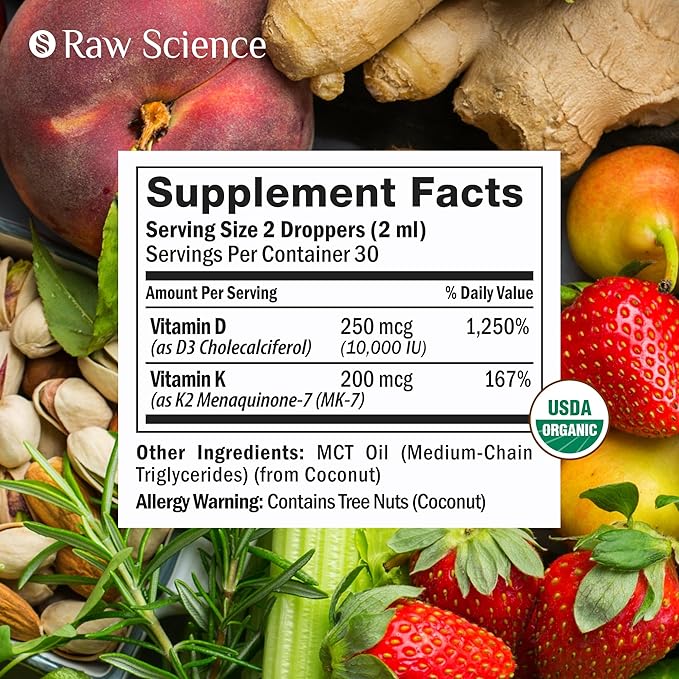 Liquid Vitamin D3 K2 10000 iu & 200 mcg - Vitamin D with MK7 Vitamin K2 Drops - Bone Density & Heart Support Liquid Vitamins for Women & Men, High Absorption Vit K2 D3 Vitamin Supplement - 2 fl oz