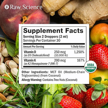 Liquid Vitamin D3 K2 10000 iu & 200 mcg - Vitamin D with MK7 Vitamin K2 Drops - Bone Density & Heart Support Liquid Vitamins for Women & Men, High Absorption Vit K2 D3 Vitamin Supplement - 2 fl oz