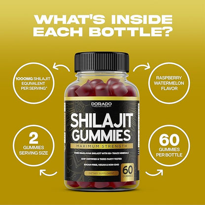Shilajit Gummies 1000mg (Pure Himalayan Shilajit Gummies for Men & Women Gold Grade with 85+ Trace Minerals with Fulvic Acid) - Energy & Immunity Support - Third Party Tested, Vegan Safe, USA Made