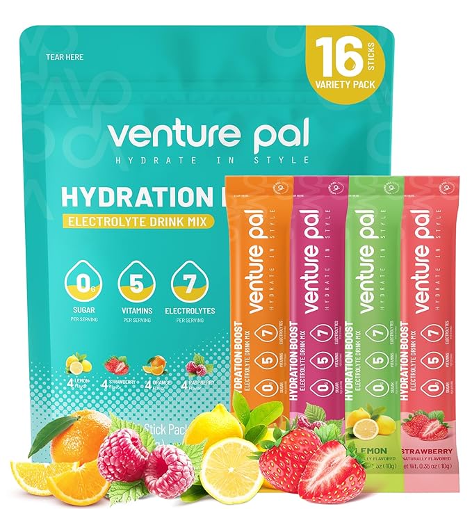 Venture Pal Sugar Free Electrolyte Powder Packets - Liquid Daily IV Drink Mix for Rapid Hydration & Party Recovery | 5 Vitamins & 7 Electrolytes| Keto Friendly | Non-GMO | Certified Vegan | 16 Sticks