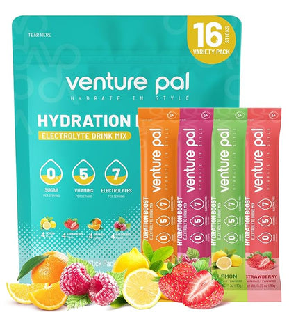 Venture Pal Sugar Free Electrolyte Powder Packets - Liquid Daily IV Drink Mix for Rapid Hydration & Party Recovery | 5 Vitamins & 7 Electrolytes| Keto Friendly | Non-GMO | Certified Vegan | 16 Sticks