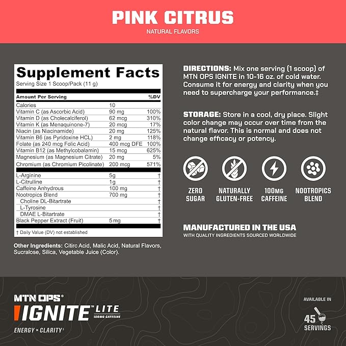 MTN OPS Ignite Lite Supercharged Energy Drink Mix - 100mg Caffeine, 45-Serving Tub, Pink Citrus Flavor