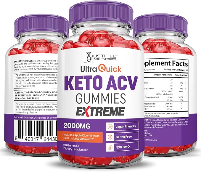 (5 Pack) Ultra Quick Keto ACV Gummies Extreme 2000MG Ultraquick Keto Gummies Apple Cider Vinegar Formulated with Pomegranate Beet Juice Powder B12 Vegan Non GMO 300 Gummys