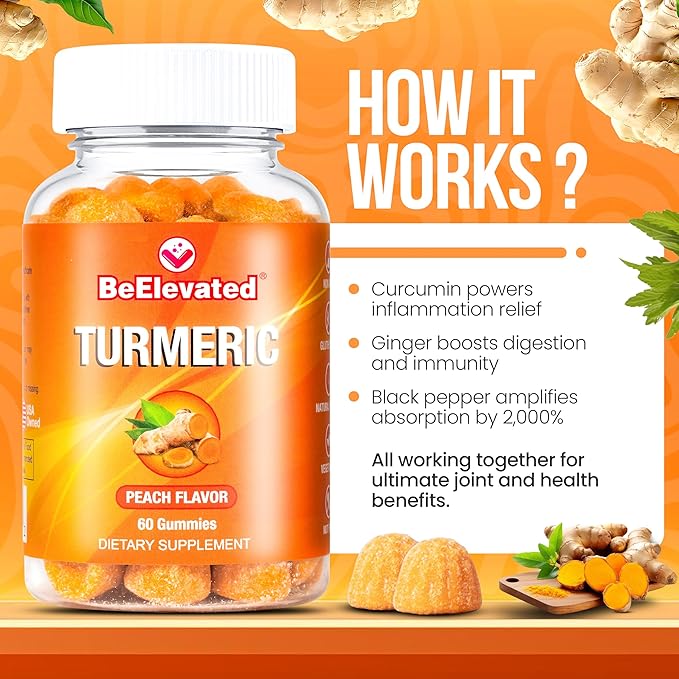 Turmeric Curcumin Gummies for Adults - Extract 8:1 2000mg - Black Pepper and Ginger Supplements for Joint Support - Vegan Chewable Vitamins Supplement - Peach Flavor Turmeric Gummy Chews