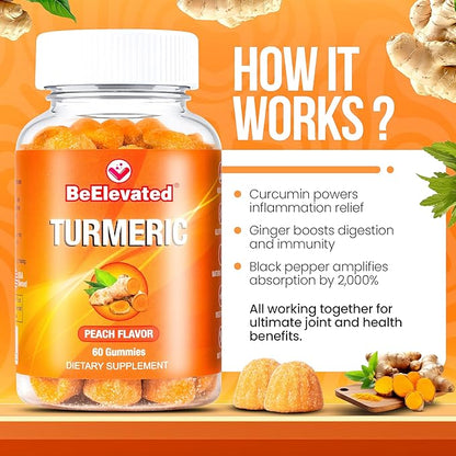 Turmeric Curcumin Gummies for Adults - Extract 8:1 2000mg - Black Pepper and Ginger Supplements for Joint Support - Vegan Chewable Vitamins Supplement - Peach Flavor Turmeric Gummy Chews