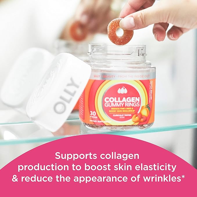 OLLY Collagen Gummy Rings, Supports Skin Elasticity and Firmness, 2.5g Collagen, Clinically-Tested, Peach, 15 Day Supply - 30 Count