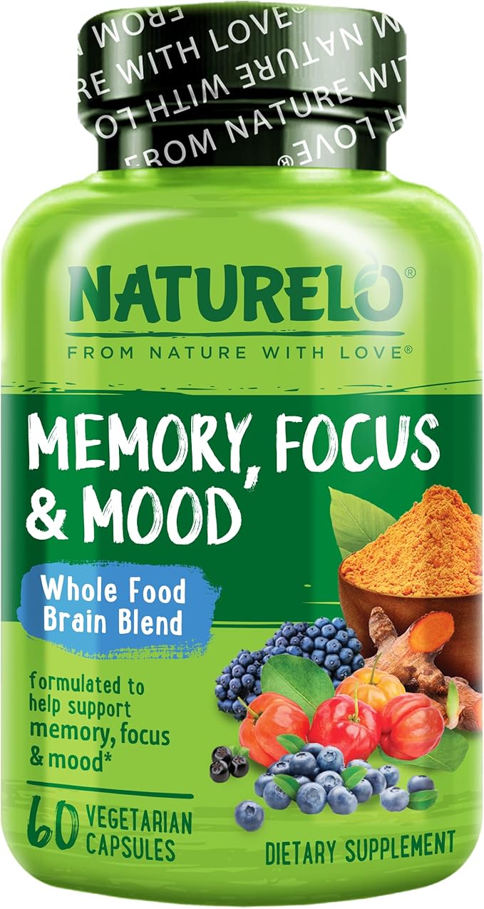 NATURELO Brain Supplement – Whole Food Brain Health Supplement for Memory and Focus Support, Enhance Brain Health Blend Supplement for Adults – 60 Vegetarian Capsules