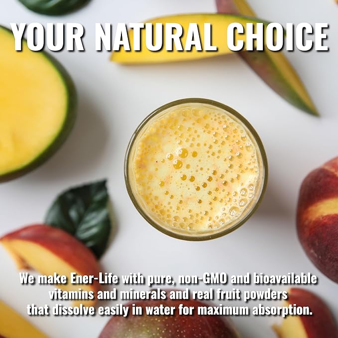 Ener-C Peach Mango Multivitamin Drink Mix Powder Vitamin C 1000mg & Electrolytes with Real Fruit Juice Natural Energy & Immune Support for Women & Men - Non-GMO Vegan & Gluten Free - 60 Count