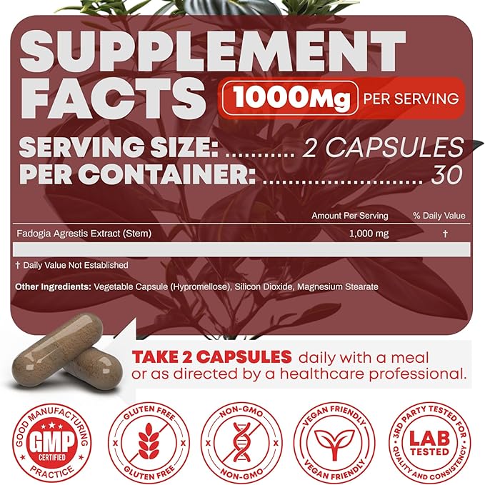Fadogia Agrestis 1000mg Per Serving Supplement - Potent Extract to Increase Energy, Athletic Performance & Muscle Mass - Supplements, Made in The USA (60 Capsules)