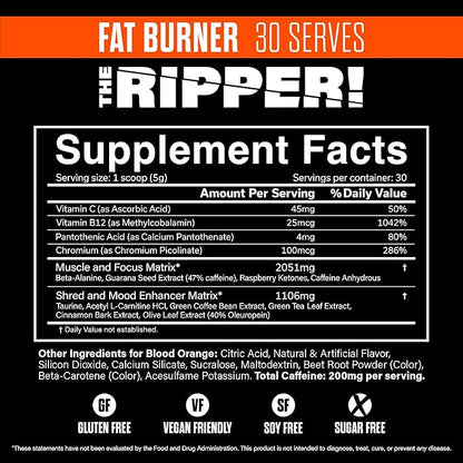 JNX SPORTS The Ripper! Shredding Thermogenic Fat Burner - Blood Orange 30 Servings | Advanced Fast Acting Thermogenic Pre-Workout, Appetite Suppressant, Extreme Energy for Men & Women