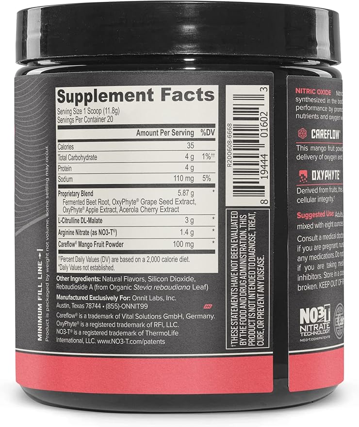ONNIT Total Nitric Oxide - Caffeine Free Pre Workout Powder w/Beet Root, L Arginine & L Citrulline Malate | Boost Energy & Recovery | Harvest Fruit Flavor