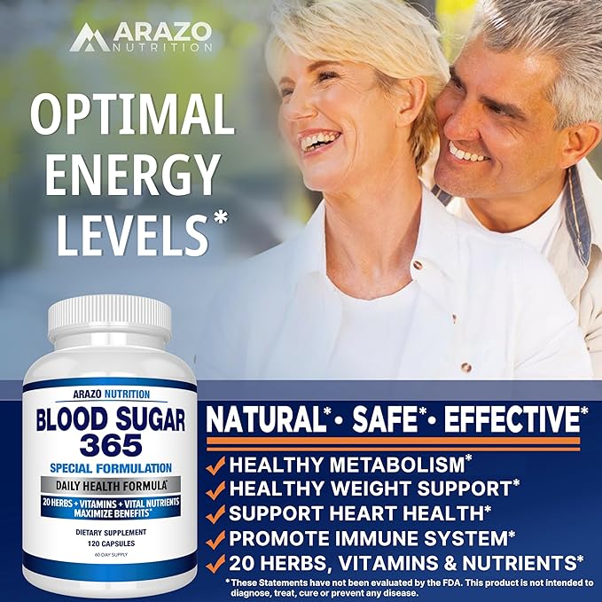 Arazo Nutrition Blood Sugar 365 Supplement – Supports Healthy Energy Levels - 120 Herbal Pills - 60 Day Supply