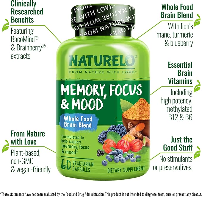 NATURELO Brain Supplement – Whole Food Brain Health Supplement for Memory and Focus Support, Enhance Brain Health Blend Supplement for Adults – 60 Vegetarian Capsules