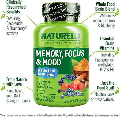 NATURELO Brain Supplement – Whole Food Brain Health Supplement for Memory and Focus Support, Enhance Brain Health Blend Supplement for Adults – 60 Vegetarian Capsules