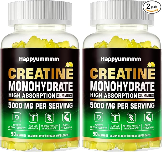 Creatine Monohydrate Gummies 5g for Men Women - Sugar Free Chewable Supplement. 180 Gummies Lemon.