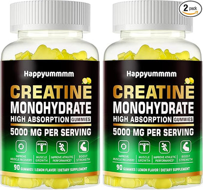 Creatine Monohydrate Gummies 5g for Men Women - Sugar Free Chewable Supplement. 180 Gummies Lemon.