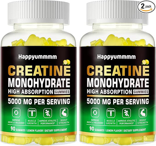 Creatine Monohydrate Gummies 5g for Men Women - Sugar Free Chewable Supplement. 180 Gummies Lemon.