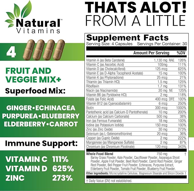 Immune Support Multivitamin with Fruits & Veggies - Complete Daily Health Support - Antioxidant-Rich, Packed with Vitamins and Minerals - Naturally Enhances Immunity