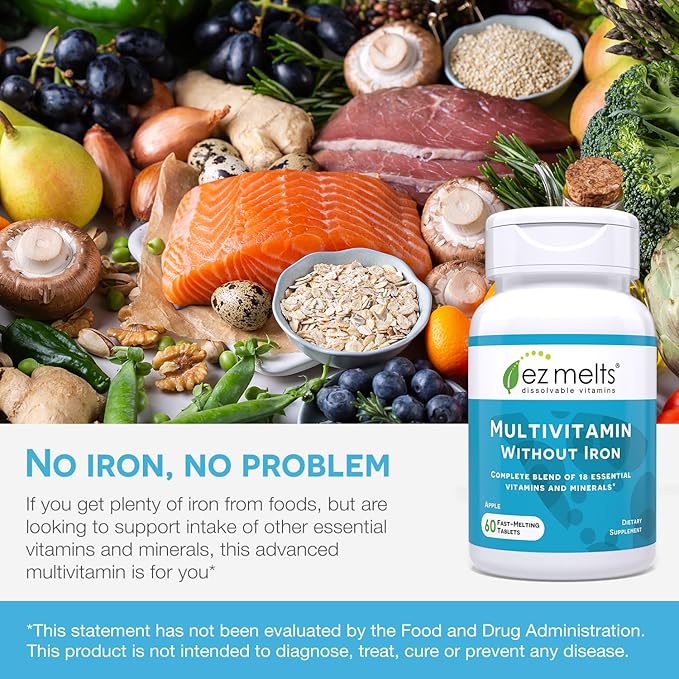 EZ Melts Dissolvable Multivitamin Without Iron, 18 Vitamins & Minerals Including Vitamin A, Biotin, Vitamin B12, Vitamin C, Vitamin D3, Zinc and More, Sugar-Free, 1-Month Supply