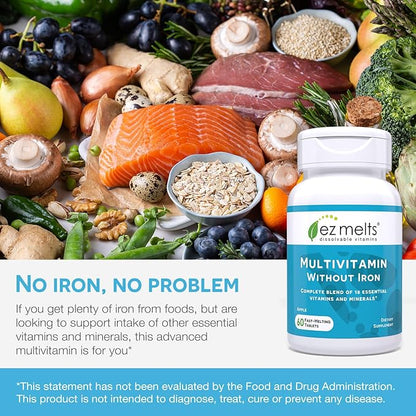 EZ Melts Dissolvable Multivitamin Without Iron, 18 Vitamins & Minerals Including Vitamin A, Biotin, Vitamin B12, Vitamin C, Vitamin D3, Zinc and More, Sugar-Free, 1-Month Supply