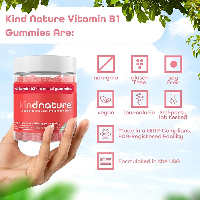 Kind Nature Vitamin B1 Gummies - Chewable Thiamine 500mg per Serving - Non GMO, Vegan, Natural Strawberry Flavor Thiamine B1 Supplement for Adults & Kids