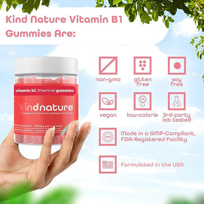 Kind Nature Vitamin B1 Gummies - Chewable Thiamine 500mg per Serving - Non GMO, Vegan, Natural Strawberry Flavor Thiamine B1 Supplement for Adults & Kids