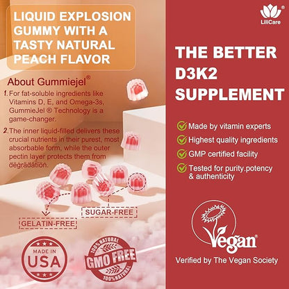 2Pack Sugar-Free Vitamin D3 K2 Filled Gummies 5000IU / 10,000 IU with 500mg Calcium + K2 (MK-7) 200mcg, Magnesium Citrate, Vitamin C, Extra Strength - Ultimate Absorption for Bone Muscle Teeth Immune