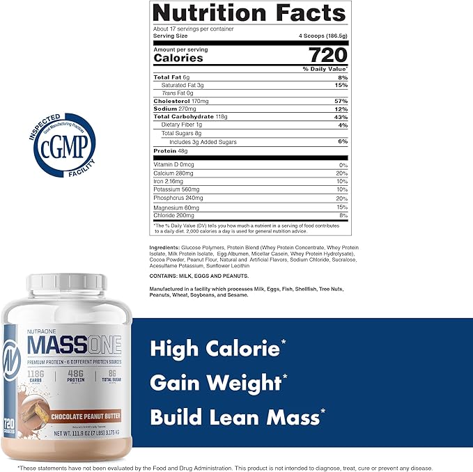 NutraOne Massone Mass Gainer Protein Powder Gain Mass Protein Meal Replacement (Chocolate Peanut Butter - 7 lbs.)