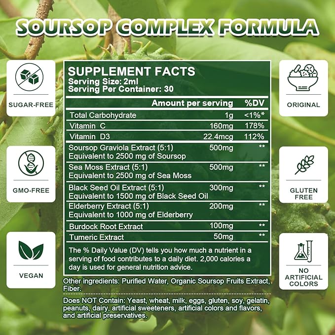 Soursop Bitters Liquid Drops, Soursop Graviola Multivitamin Drops with Sea Moss Black Seed oil Supplement - Soursop Fruit Supports Relax & Antioxidant, Slowing Cell-Aging, Immunity, Liver Health