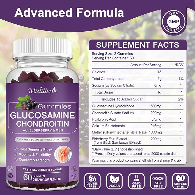 Glucosamine Chondroitin Gummies - Extra Strength Joint Support Supplement with MSM & Elderberry for Natural Joint, Antioxidant Immune Support for Adults, Men & Women-(2 Pack)