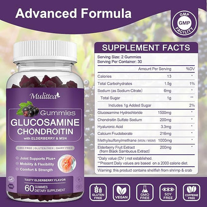Glucosamine Chondroitin Gummies - Extra Strength Joint Support Supplement with MSM & Elderberry for Natural Joint, Antioxidant Immune Support for Adults, Men & Women-(2 Pack)