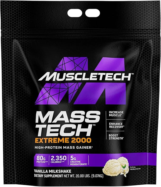 MuscleTech Mass Gainer Protein Powder, Mass-Tech Extreme 2000, Muscle Builder Whey Protein Powder, Protein + Creatine + Carbs, Max-Protein Weight Gainer for Women & Men, Vanilla, 20 lbs
