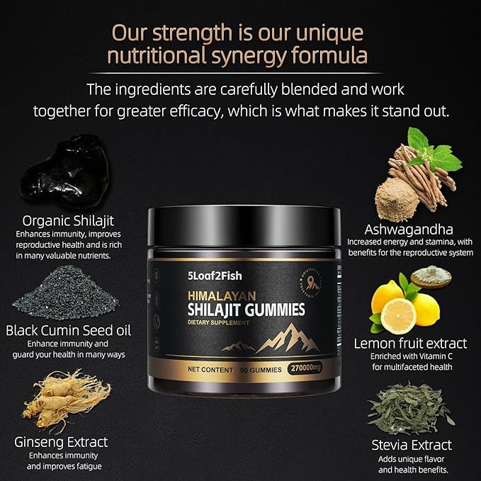 Organic Shilajit Gummies, Pure Himalayan Shilajit Gummies for Men Supplement, Gold Shilajit Gummies for Women，Natural 85+ Trace Minerals, Ashwagandha, Black Seed Oil Extract, 90 Gummies