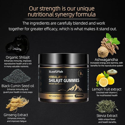 Organic Shilajit Gummies, Pure Himalayan Shilajit Gummies for Men Supplement, Gold Shilajit Gummies for Women，Natural 85+ Trace Minerals, Ashwagandha, Black Seed Oil Extract, 90 Gummies