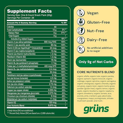 Gruns Adults Super Greens Gummies, Superfood Gummy Bears with Spirulina, Chlorella & Prebiotics for Digestive Health - Adaptogens Supplement with 20 Vitamins & Minerals, Low Sugar- 1 Month Supply