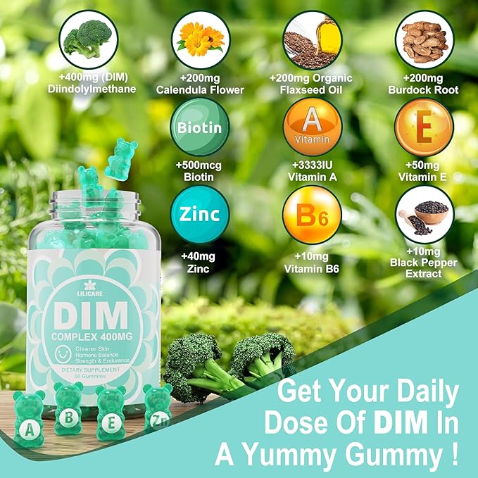 DIM Supplement Women 400mg, Estrogen Supplement for Women, Sugar Free DIM Gummies for Men & Women + Biotin, Flaxseed Oil, Burdock, Calendula, BioPerine for Hormone Balance, Menopause & Prostate 120Cts