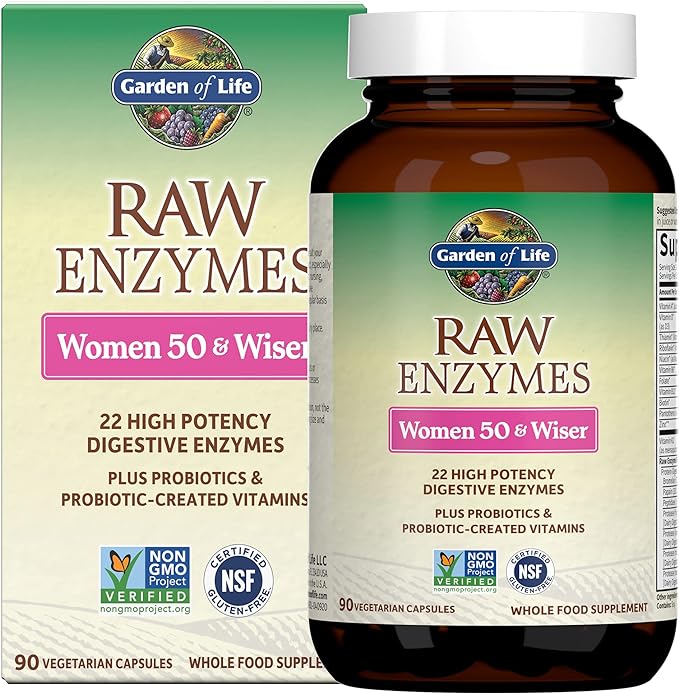 Garden of Life 22 Digestive Enzymes for Women 50 & Over with Bromelain, Papain & Lactase Plus Probiotics & Vitamins B12, Biotin & Zinc – RAW Enzymes – Non-GMO, Gluten-Free, Vegetarian, 90 Capsules