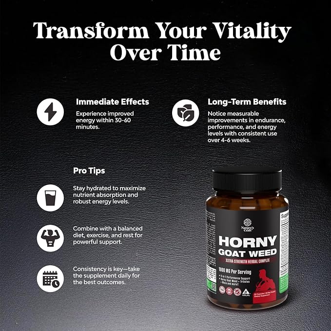 Horny Goat Weed Extract Complex - Invigorating Blend with Tribulus Saw Palmetto L Arginine and Tongkat Ali Extract and Maca Root for Men and Women for Enhanced Energy and Stamina - 30 Servings